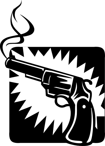 The black and white illustration shows a revolver with an explosion effect around it on what appears to be a dark background.
