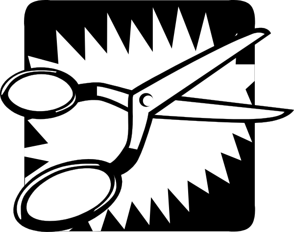 The black and white logo features a pair of scissors with open blades atop an explosion graphic that is centered on two closed pairs of scissors pointing upwards from either side of it.