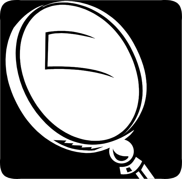 The black and white illustration shows a magnifying glass with three different views of it: from above looking down at an object; sideways showing its handle on one end and lens in front; and angled to show both ends, giving perspective depth.