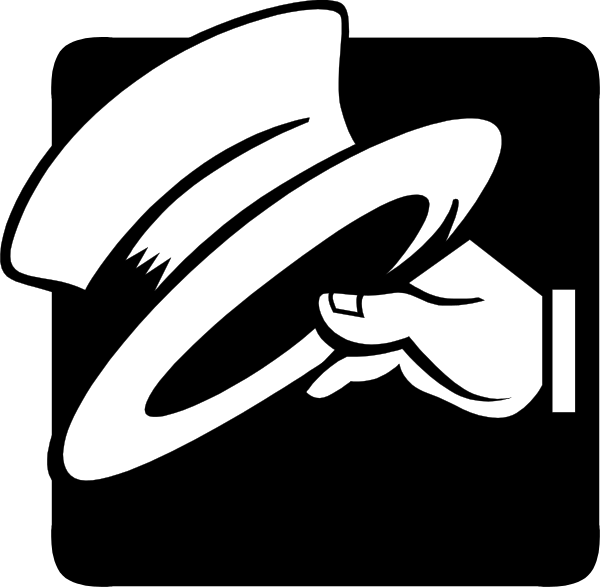 The black and white logo features a stylized depiction of an eye with its eyelid raised to reveal part of another image underneath it; this hidden image is that of a hand holding up two fingers, which together form what appears to be a peace sign or victory gesture.