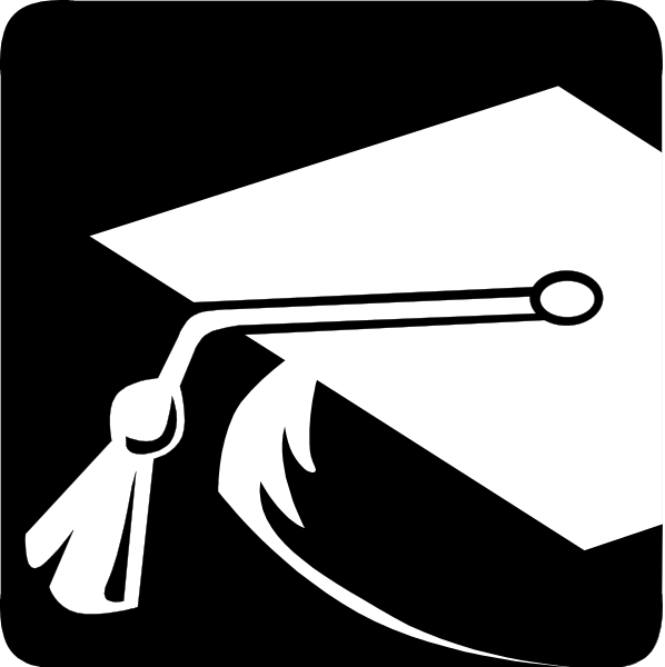 The black and white logo features a graduation cap with tassel on top of it next to an open book symbolizing education.