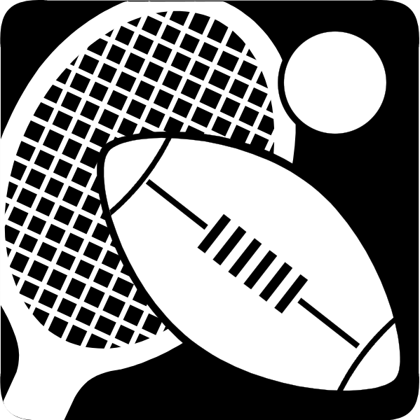 The black and white silhouette of a tennis racket with sports balls around it on top of two footballs.