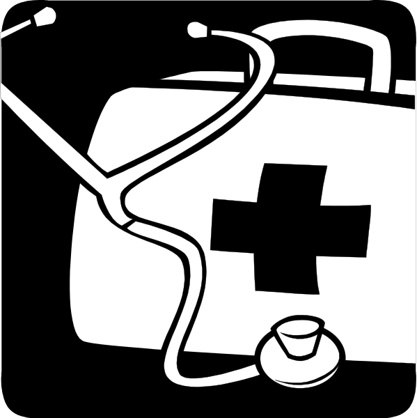 The black and white logo of an ambulance with a cross symbol on it next to medical equipment like stethoscope and syringe.