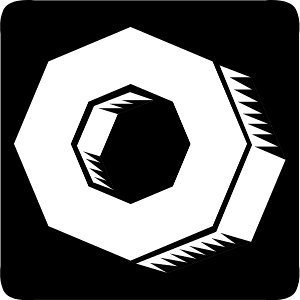 The black and white illustration shows a hexagon with six sides connected by straight lines forming an enclosed shape resembling a nut on its side against a dark background.