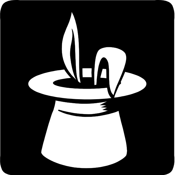 The black and white illustration shows a top hat with an open book inside it on its brim next to what appears to be a wand in front of them both.