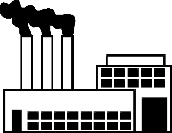 The black and white pixelated image shows a building with multiple windows on its facade; it appears to be an architectural structure possibly representing a factory due to the presence of what looks like machinery in front of one section, suggesting industrial use.
