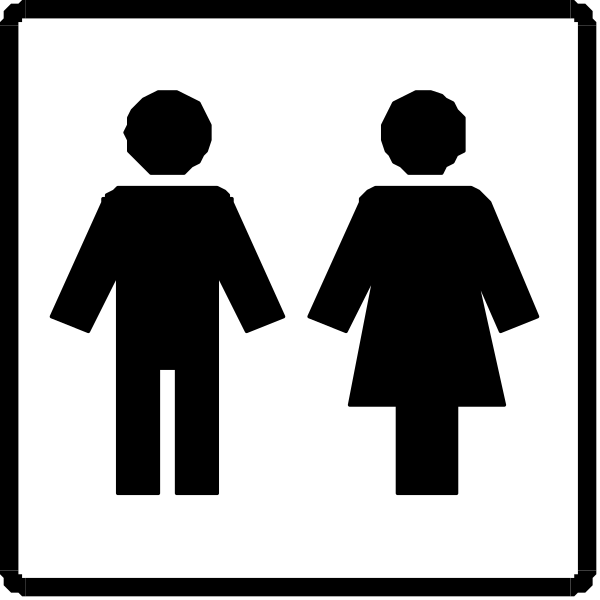 The image shows a black silhouette of two figures standing next to each other with an arrow pointing above them indicating that it is for men only in one direction and women only in another.