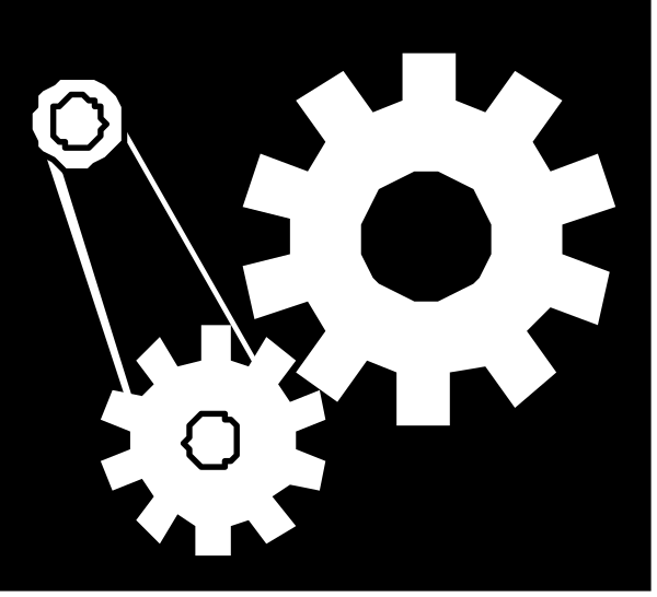 The black and white illustration shows a collection of gears with various sizes and shapes connected by lines to form an abstract pattern resembling machinery parts against a dark background.