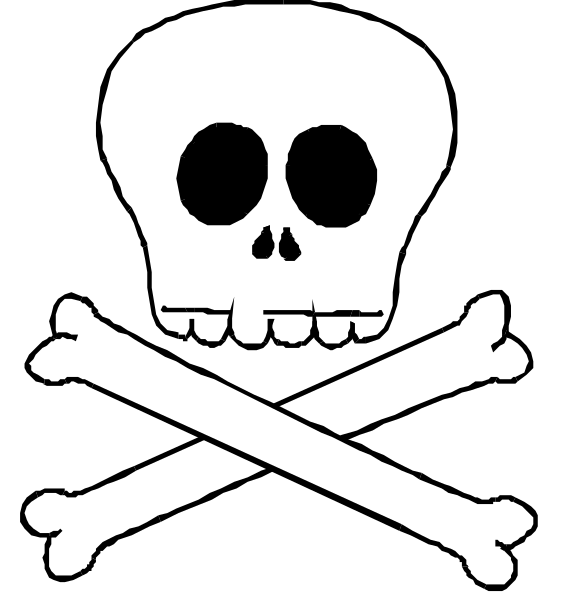 The black and white picture shows a skull with crossed bones on top of it against a plain background.