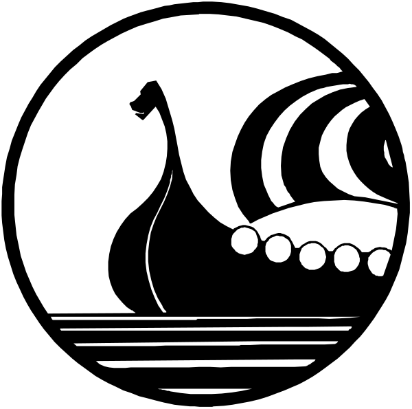 The black and white illustration features a Viking ship with an animal head on top sailing across water under a moonlit sky at night.