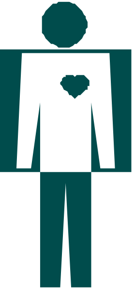 The image shows a black silhouette of an adult human figure with no arms holding another smaller silhouetted person who appears to be wearing a white shirt inside it; both figures have hearts on their chests, and there is text that reads "heart" in blue above them against the background.