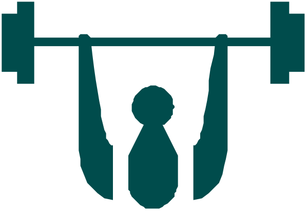 The image shows a graphic of an exercise barbell with weights on either side, featuring two hands holding it up as if in mid-air during lifting motion; there is no background detail provided.