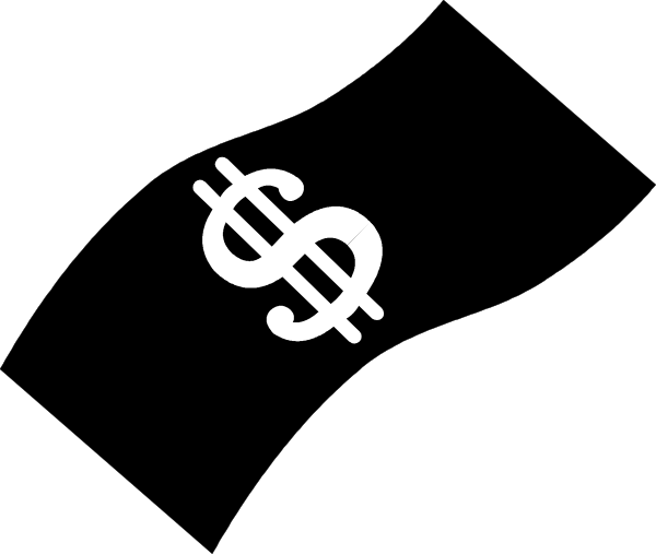 The image shows a black square with white text that reads "$".