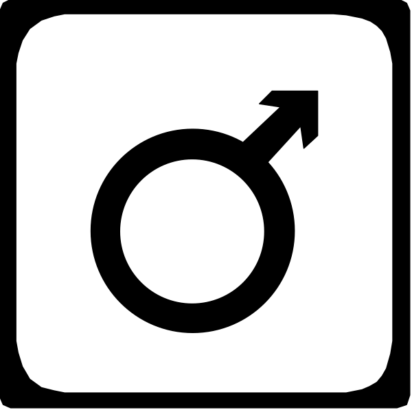 The image shows a black and white icon with three symbols: on top left is an arrow pointing to the right indicating male gender; in the center there's a circle symbolizing female gender; below that, two overlapping arrows forming a loop represent recycling or reuse of materials.