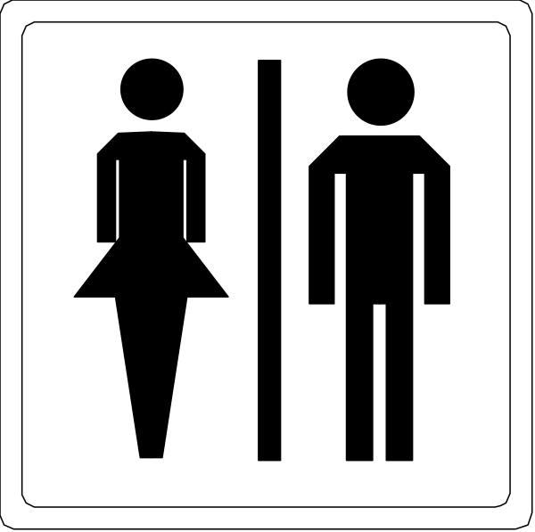 The image shows a collection of four black and white signs with symbols indicating restroom facilities: two for men's toilets (one on left) and one each for women's toilet (in middle), urinals, and baby changing area; all depicting figures in silhouette form.