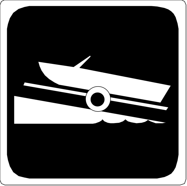 The image shows three black and white iconographic signs: a boat with an anchor symbolizing boating safety; another sign depicting water skis indicating watersports activities in that area; and finally one showing a lifebuoy, which is commonly used to signal swimming or wading areas where people can safely enter the water.