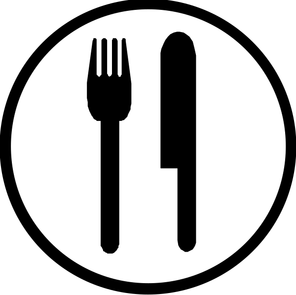 The black and white icon features a fork on top of two spoons with an arrow pointing to them from above; below these utensils is another symbol that resembles a knife next to what appears to be food, possibly indicating dining options such as breakfast or dinner in this context.