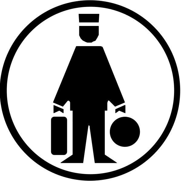 The black and white icon shows a person carrying luggage with wheels on each side while holding an umbrella over their head to shield from rain.