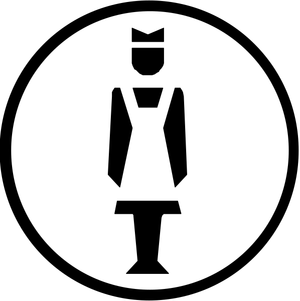 The black and white icon features a woman's silhouette with an apron on her right side, indicating she is likely in service profession like cooking or cleaning; to its left there appears to be another figure that could represent either male gender due to lack of clear distinguishing characteristics such as facial hair.