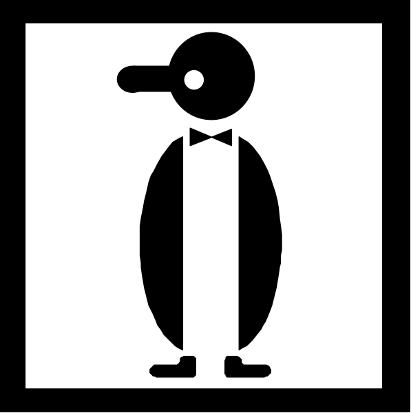 The image shows a black and white icon of an anthropomorphic penguin wearing a suit with bow tie, standing upright on two legs in front of what appears to be a sign indicating "no smoking."