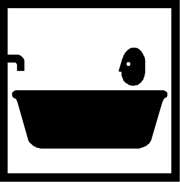 The black and white sign depicts a bathtub with water overflowing from it on top of an icon representing soap bubbles next to a sink faucet below which there is a bottle labeled "soap."