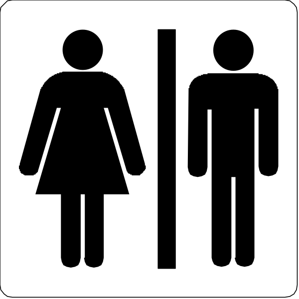 The image shows a black and white sign with three different symbols: on top is an icon of two figures standing next to each other; in the middle there's another symbol depicting one figure walking behind the first, indicating that it represents men using urinals or toilets without stalls; at bottom right corner, we see yet a third image showing both male and female symbols together with no separate icons for restrooms. The setting is not specified in this clip-art representation of signage typically found on public bathrooms to indicate the facilities available inside. There are also two small figures