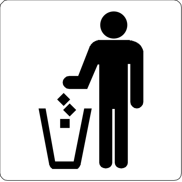 The image shows a black silhouette of an adult figure disposing trash into a bin with their right hand while holding something in their left; above this action is another icon depicting recyclable materials being sorted, and to its immediate left there's a small sign indicating that the area has been cleaned.