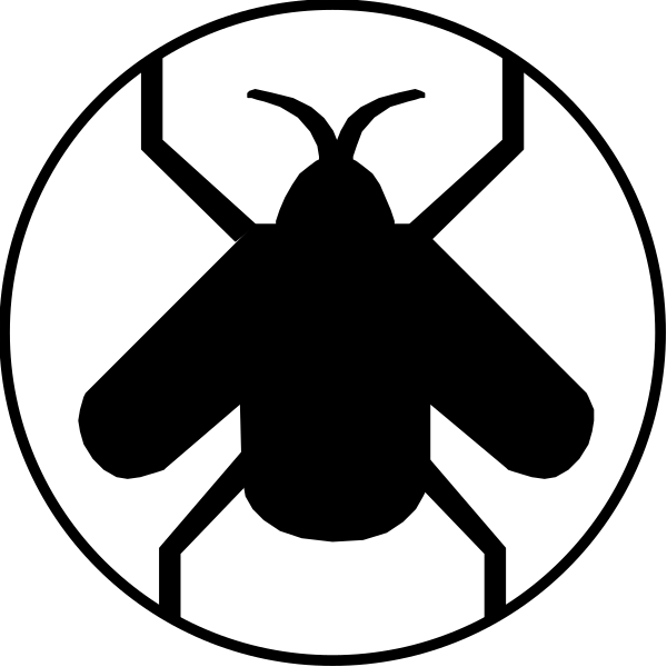 The image shows a black silhouette of an insect with antennae on its head inside two overlapping circles that resemble eyes; to the left is another circle containing what appears to be a stylized representation of a flower, and below it there's a symbol indicating recycling or compost.