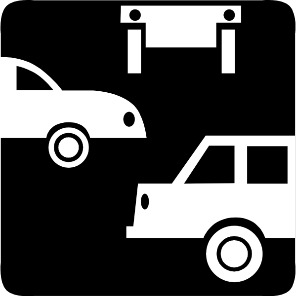 The black and white icon depicts a car, truck, bridge, tunnel, house, boat, train, airplane, bus, bicycle, motorcycle, traffic light, stop sign, pedestrian crossing symbol, parking meter, fire hydrant, mailbox, telephone pole, trash can.