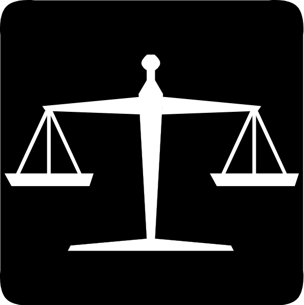 The black and white logo of a law firm featuring an iconic symbol for justice: scales with two weights on either side (one representing balance) and below it is gavel overlaid by a shield-like emblem, all set against a dark background.