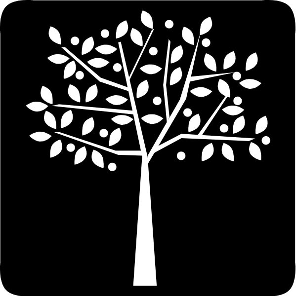 The black and white silhouette of a tree with leaves on it against a dark background.