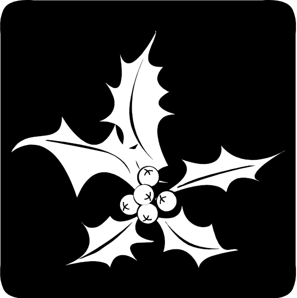 The black and white illustration shows a holly leaf with berries at its center surrounded by two symmetrical bats on either side of it.