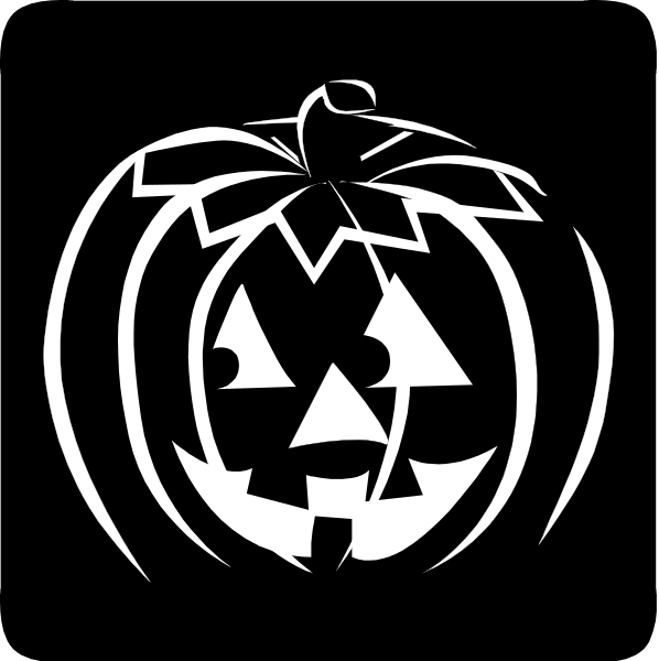 The black and white silhouette of a jack o'lantern with an apple on top inside a Halloween-themed border.