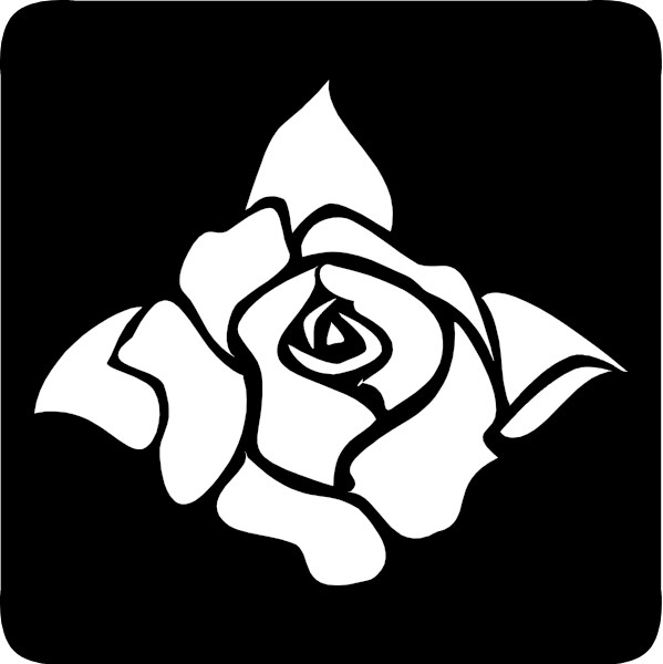 The black and white logo features a rose with six petals surrounding an open center where there is no flower.