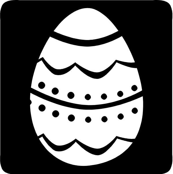 The image shows a simple black and white illustration of an Easter egg with decorative patterns on it against a dark background.