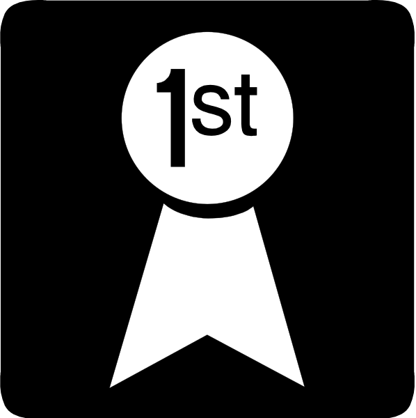 The black and white logo of a ribbon with text on it indicating "1st" above an arrow pointing downward to another line that says "First Place."