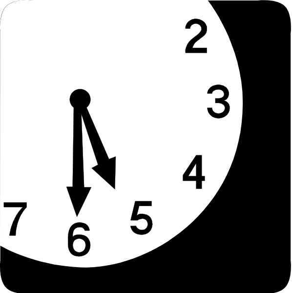 The image shows a black clock with white numbers indicating times from 1 to 7 on its face, set against two different backgrounds: one is dark blue at nighttime, while another appears lighter during daylight hours. There's also an arrow pointing downward in front of the number six and three arrows above it, suggesting a sequence or progression through time zones from east to west (6 o'clock being 12 noon). The image has been edited with two additional clocks at nighttime showing times that are different by one hour each. This could be an illustration
