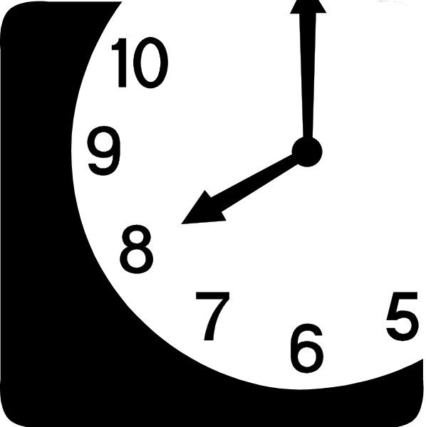 The image shows a black analog clock with white numbers indicating time as 9:50 pm (or possibly am), set against a dark background. There is an arrow pointing to six o'clock on the face of the clock, suggesting that it might be midnight or noon in this context due to its positioning and directionality. The image has no additional objects, people, animals, actions, or setting details visible within the frame provided by the black border around the clock itself.