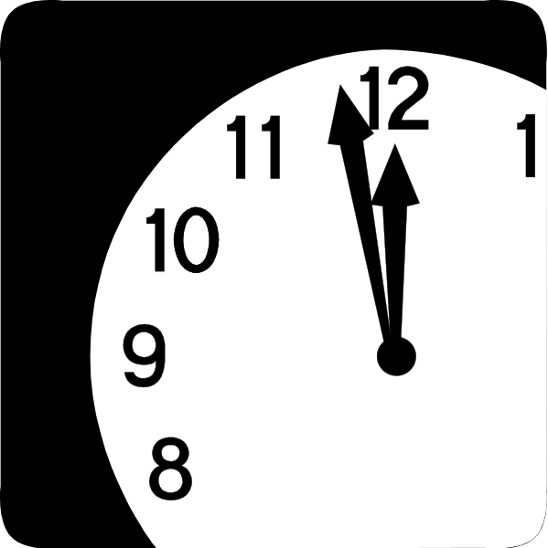 The image shows a black analog clock with white numbers indicating time as 9:12 PM (or midnight). There is an arrow pointing to twelve o'clock on top of each hour hand, suggesting that it might be set incorrectly for daylight saving or another reason. Below the hands and numerals are two arrows in opposite directions; one points upwards towards eleven while the other points downward toward three. The background appears dark with a hint of light at the bottom right corner where there is an arrow pointing to twelve o'clock, which could indicate that it might be set for