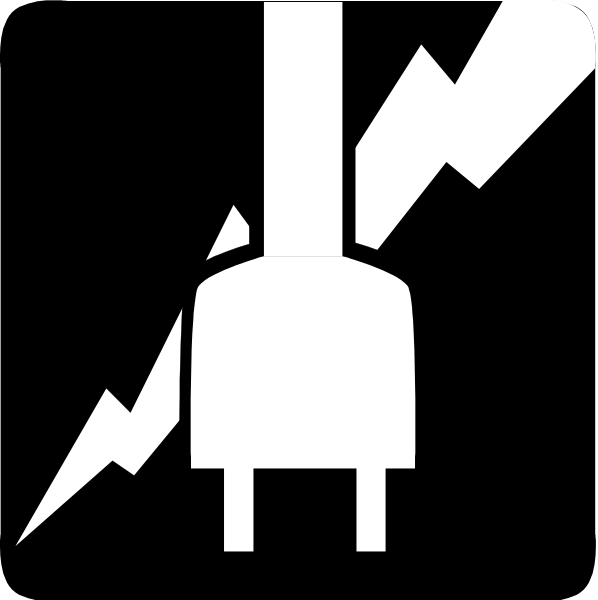 The black and white icon features a power strip with three outlets connected to it by cords; above each cord is an electrical symbol representing lightning bolts in various positions: one at 12 o'clock, two between 3-6 o'clock, and another near the bottom of the image. To the left side of this icon there are four small rectangles with a plus sign inside them, suggesting additional power outlets or ports not visible within the main frame; to their right is an electrical socket symbolizing where cords can be plugged in.