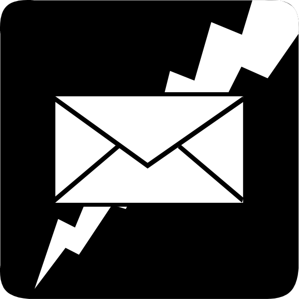 The image shows a black envelope icon with an exclamation mark inside it on top of what appears to be lightning bolt icons in white against a dark background. There is no text present within this clip-art graphic, and there's only one object which can be identified as the mailbox symbolizing email communication or notification system. The style suggests that these are likely digital interface elements used for user interaction with an application or website to indicate notifications of new emails received in a messaging service.