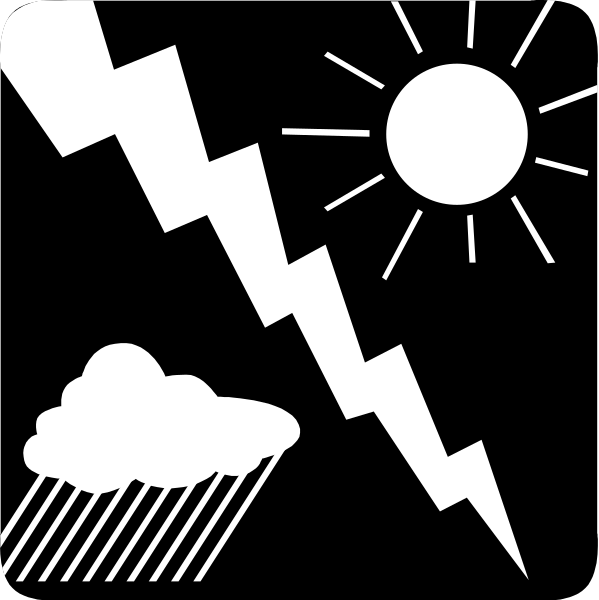 The black and white illustration shows a collection of weather icons including sunshine with rays extending outward, raindrops falling from clouds, lightning bolts in various sizes, an umbrella symbolizing protection against precipitation, and dark stormy clouds above it all. There is also the silhouette of what appears to be a person standing under one such cloud formation holding up their arms as if embracing or celebrating something. The background has lines radiating outward from the center like spokes on an umbrella, suggesting that these weather elements are connected and part of a