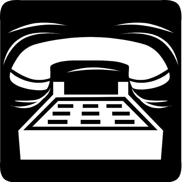 The black and white icon features a telephone receiver on top of an old rotary dial phone with two lines connecting to it; below that is another line leading downward into what appears to be a cash register drawer, suggesting money being deposited in the till from above.