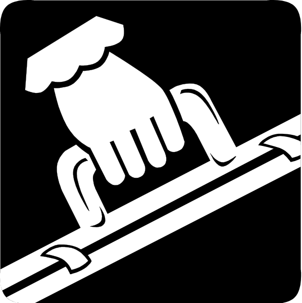 The image shows a black and white illustration of two hands holding onto either end of an object that resembles a railroad track with ties in between.