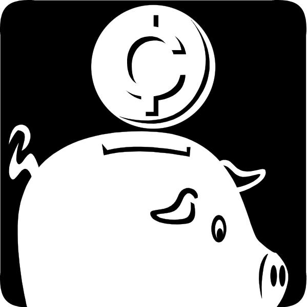 The black and white illustration shows a pig's head with an eye patch over its left eye holding two coins on top of it; above this image is another coin that appears to be falling towards them from outside the frame, suggesting movement downwards due to gravity or some other force acting upon it.