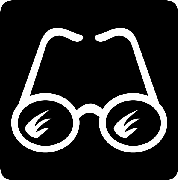 The black and white icon features a pair of glasses with binoculars attached to them on top.