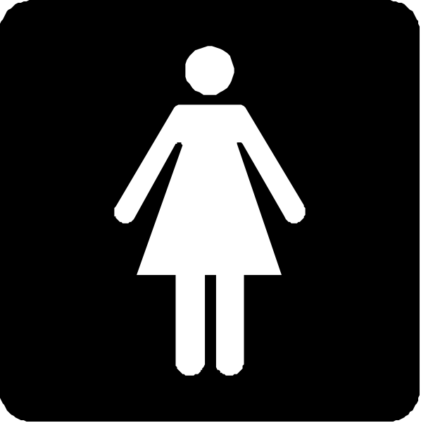 The image shows two black silhouettes of a woman on either side against white backgrounds; to left is an adult female figure with long hair wearing dress pants and heels, while right depicts a child-sized girl in shorts and sneakers standing next to her mother's symbolic representation.