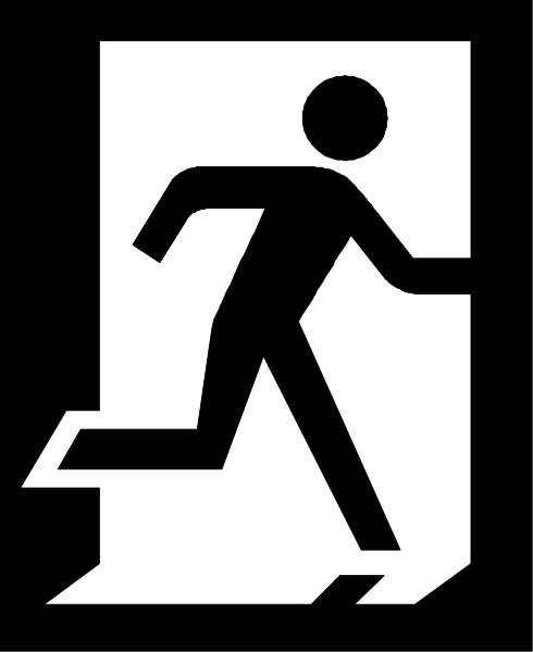 The black and white silhouette of a person walking through an open door with their right arm extended forward as if reaching for something on the other side.
