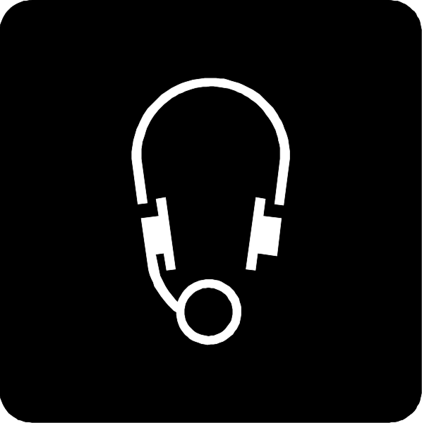 The black and white icon features a stylized representation of an earphone with its cord looped around it to form a circular shape on top of which is depicted a microphone symbolizing listening equipment like headphones, suggesting audio communication devices such as those used for music or teleconferencing purposes.