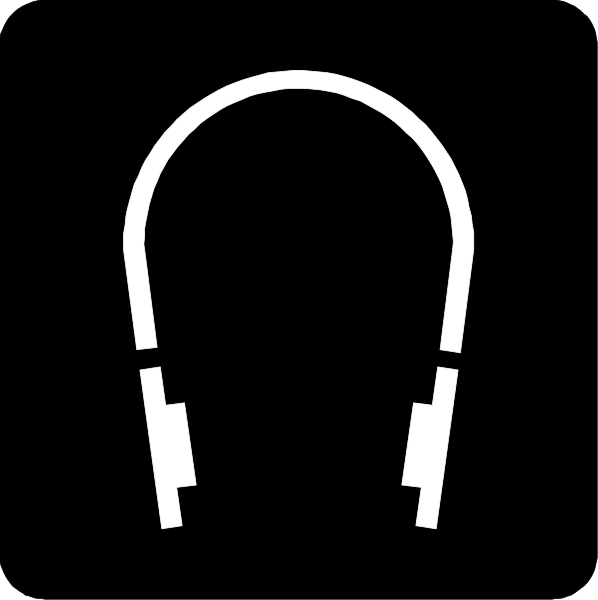 The black and white logo of a pair of headphones with an ear cup on top against a dark background.